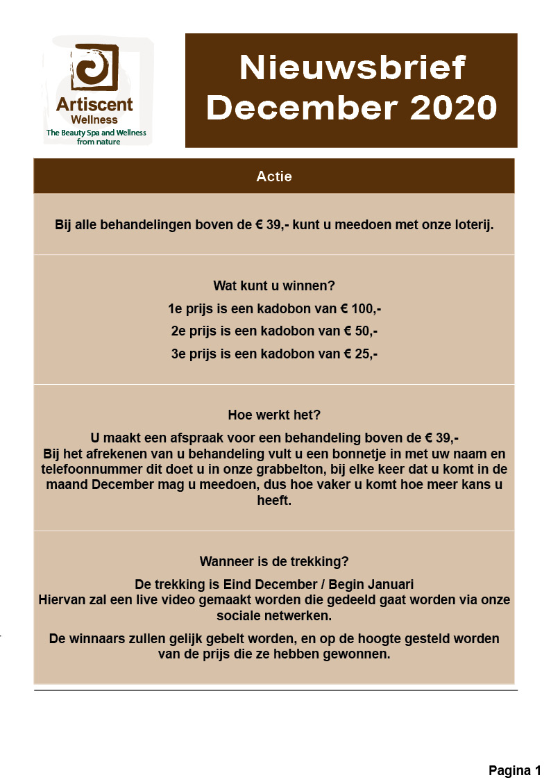 Nieuwsbrief en Beauty Spa en Massage Acties December 2020 Artiscent Wellness Alkmaar