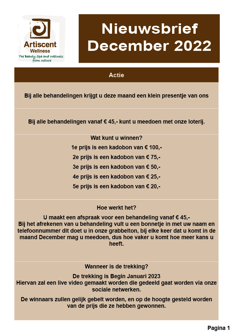 Nieuwsbrief en Beauty Spa en Massage Acties December 2022 Artiscent Wellness Alkmaar