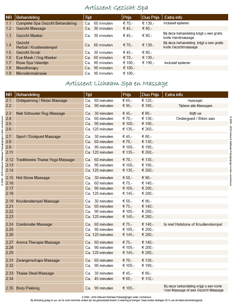 Prijslijst 2025 Artiscent Wellness Alkmaar