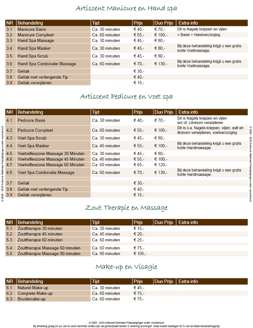 Prijslijst 2025 Artiscent Wellness Alkmaar