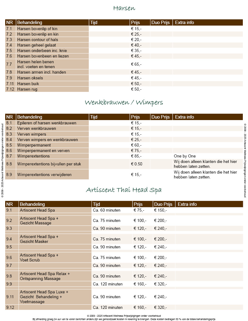 Prijslijst 2025 Artiscent Wellness Alkmaar